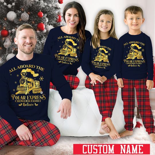 Personalized Red Plaid Family Pajamas Set, Believe Christmas On Polar Express Pajama, Polar Express Family Matching Pajamas For Christmas