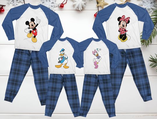 Mickey And Friends Matching Family Pajamas Set,Disney Family Halloween Pajamas,Blue Plaid Christmas Holiday Gift For Kids Family WDW Outfit