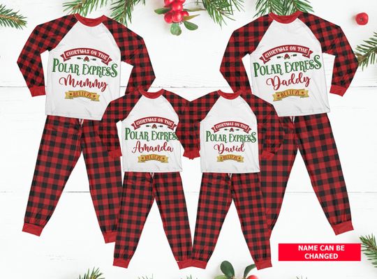 Custom Buffalo Plaid Family Pajamas Set, Family Christmas On Polar Express Pajama, Christmas Train Polar Express Pajamas Gift For Family