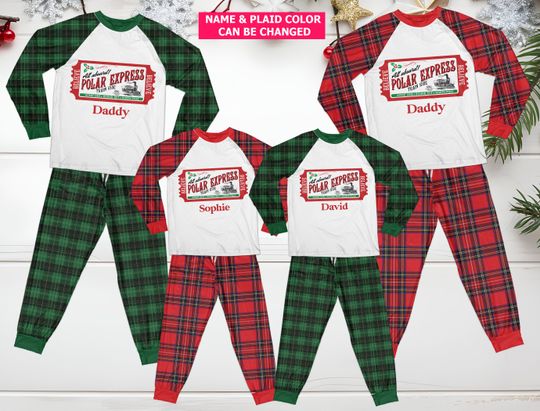 Personalized Name Family Pajamas Set,Buffalo Plaid Family Christmas On Polar Express Pajama,Christmas Ticket Polar Express Gift For Family