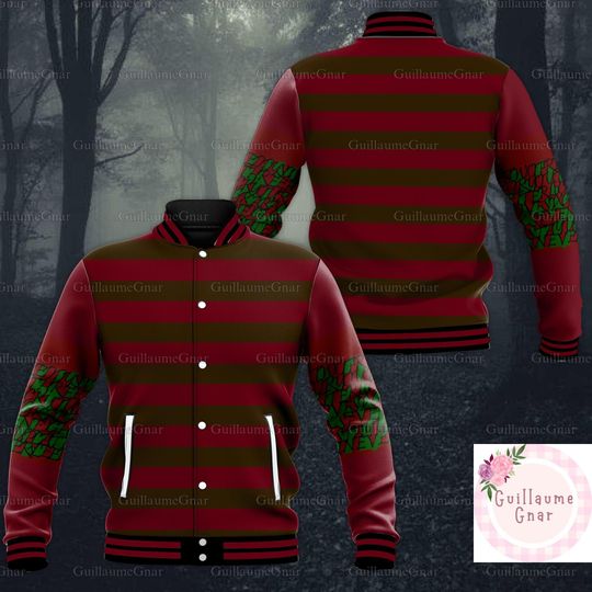Halloween Freddy Krueger Costume Jacket, Horror Movie Jackets, Scary Horror Nights Shirt, Men Baseball Jacket, Halloween Outfit