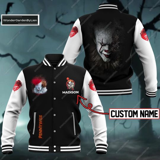 Halloween Pennywise Baseball Jacket, Horror Movie Jacket Men, Character Scary Racing Jacket, IT Red Balloon Clown Movie Jack Hoodie