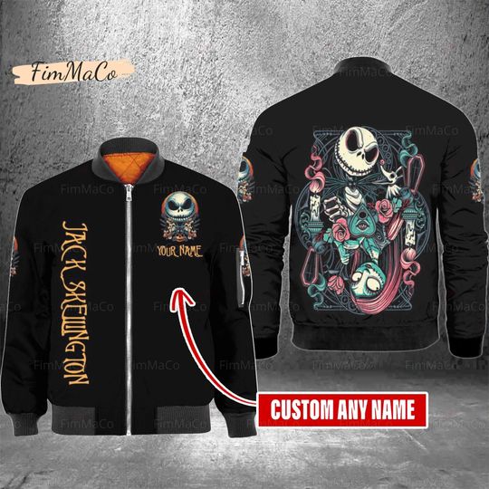 Halloween Jack Skellington Bomber Jacket, Custom Name Jack Skellington Jacket, Nightmare Before Christmas Shirt, Jack And Sally Jacket