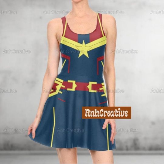 A Marvelous Captain Cosplay Costume Skater Dress, Captain Women Skater Dress, Superhero Movie Dress, Captain Women Mom Daughter Dress