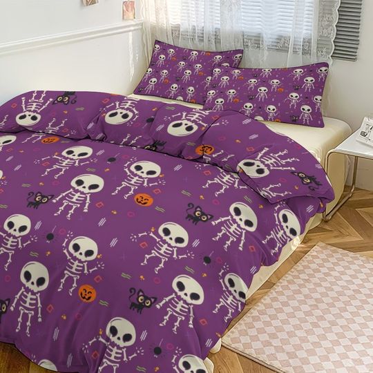 Purple Skeleton Halloween Bedding set, Vintage Halloween Decoration