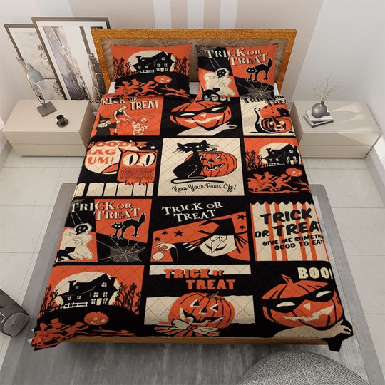 Vintage Spooky Season Pumpkin Halloween Bedding set, Vintage Pumpkin Jack-o'-lantern Blanket, Vintage Halloween Decor, Halloween gifts