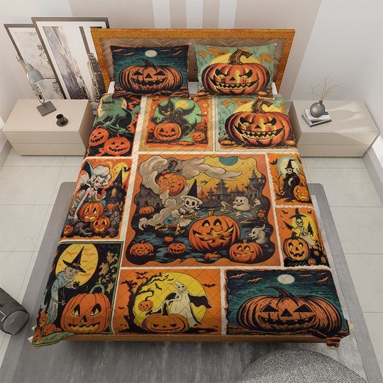 Vintage Retro Spooky Season Pumpkin Halloween Bedding set, Vintage Pumpkin Jack-o'-lantern Blanket, Vintage Halloween Decor