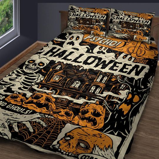 Psycho Halloween Bedding set, Spooky Season Pumpkin Jack-o'-lantern Quilt Blanket, Cottagecore and Dark Academia Decor, Halloween gifts