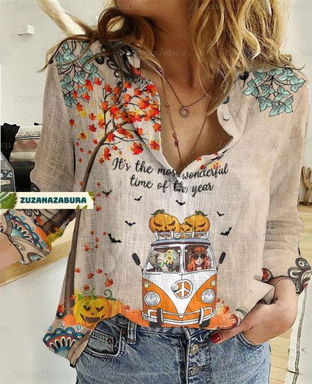 Halloween Linen Shirt, Pumpkin Shirt, Halloween Shirt, Women Blouse Shirt, Halloween Party, Fall Shirt, Autumn Shirt, Women's Clothing