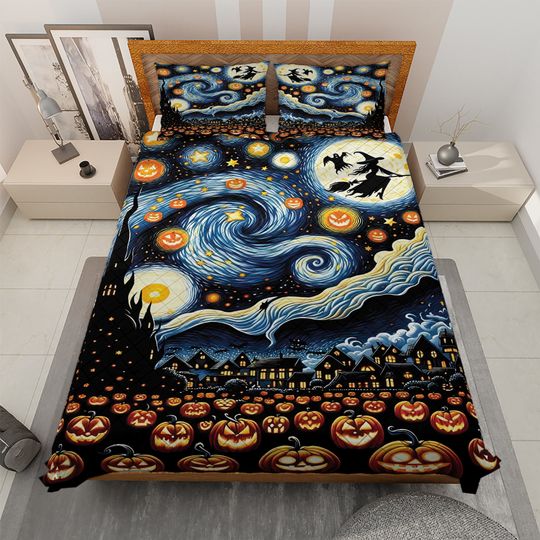 Vintage Spooky Witchy Season Halloween Bedding set, Dark Pumpkin Jack-o'-lantern Blanket, Vintage Halloween Decoration, Halloween gift