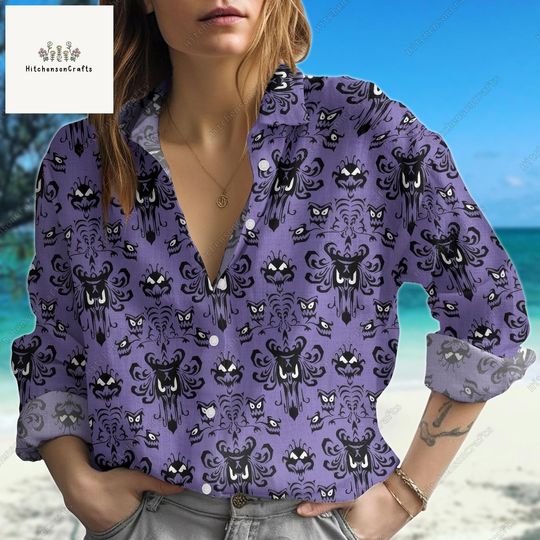Haunted Mansion Linen Shirt, Hitchhiking Ghosts Button Down Shirt, Foolish Mortals Women Blouses, Movie Linen Blouse, Halloween Shirt