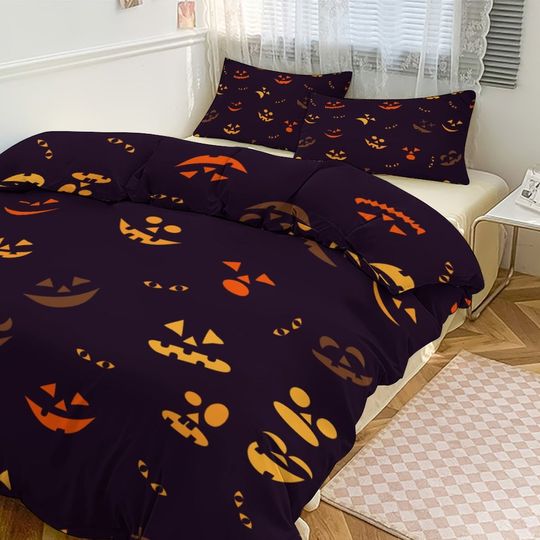Scary Pumpkin Face Halloween Bedding set, Vintage Halloween Decoration