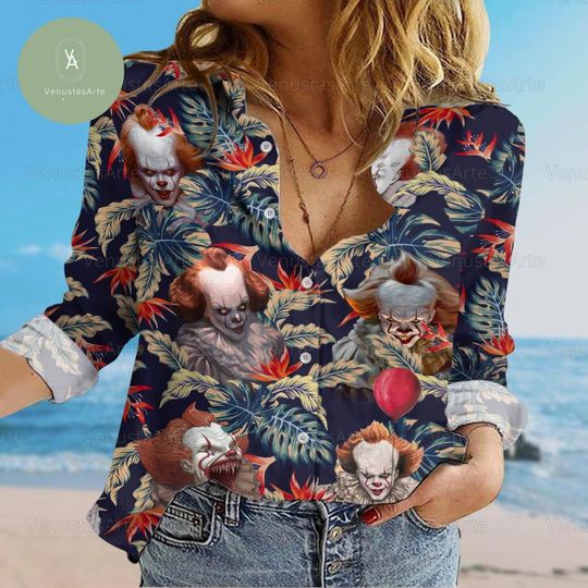 Halloween Pennywise Linen Shirt, It Pennywise Shirt, Horror Movie Shirt, Blouse Women Shirt, Pennywise Women Shirt, Spooky Season Shirt