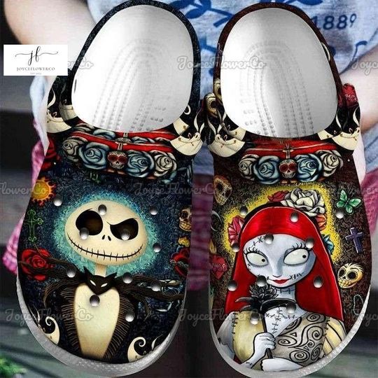 Retro Jack And Sally Clogs, Halloween Shoes, Jack Skellington Shoes, Nightmare Before Christmas Shoes, Jack Skellington Spooky Sandals