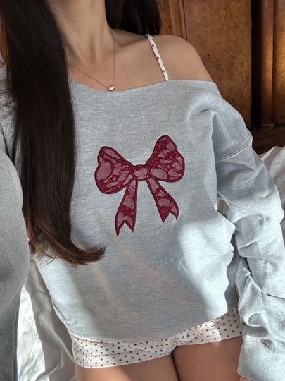 Grey Coquette sweatshirt Maroon Lace bow sweatshirt Ribbon sweater