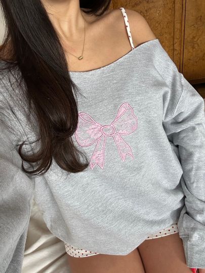 Grey Pink Lace Bow Coquette Sweatshirt Ribbon sweater