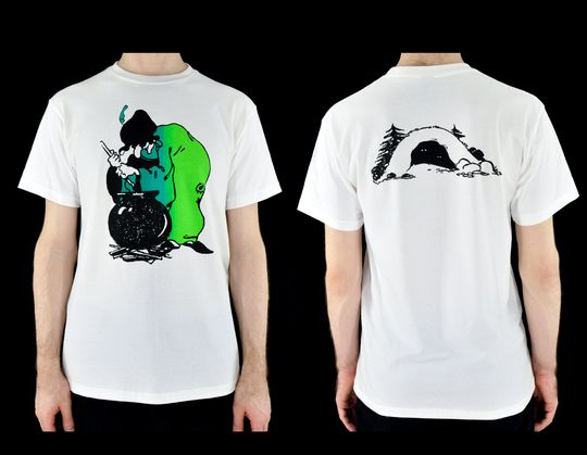 Hand Screenprinted Double Sided 'Witch and Cave' Tee WHITE