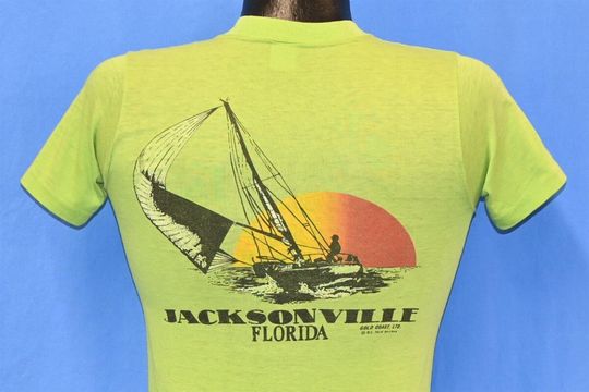 80s Jacksonville Florida SOS Oar Shore Sailboat Sunset Double-Sided t-shirt