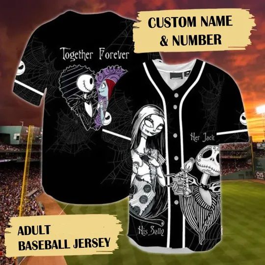 Personalized Halloween Baseball Jersey, Jack Skellington And Sally Together Baseball Shirt