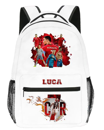Personalized Cristiano Ronaldo Kids Football Backpack - White Edition | CR7 Fan Gear | Personalized Soccer Bag