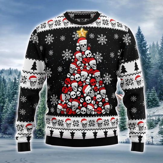 3D Ugly Christmas Sweater, Skull Pine Tree  Christmas Ugly Sweater 3D, Family Christmas Ugly Sweater For Men & Women