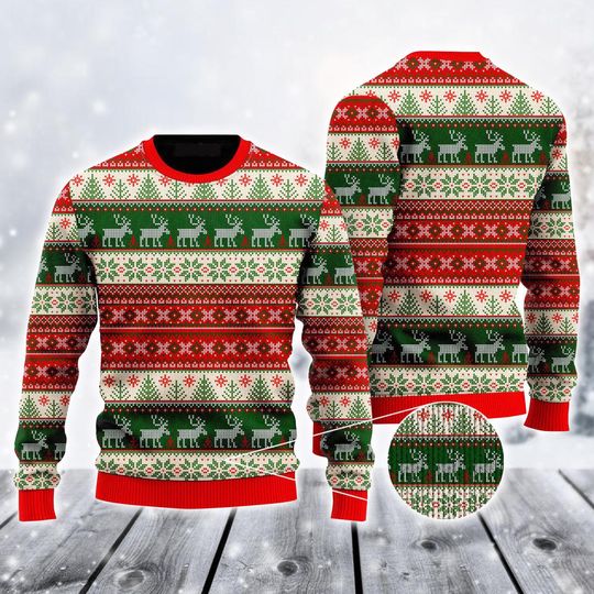 Reindeer Pattern Ugly Sweater, Vintage Tacky  Christmas Ugly Sweater 3D, Family Christmas Ugly Sweater For Men & Women