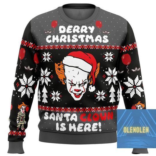 Christmas Gift, Pennywise Ugly Christmas Sweater, Derry Christmas Santa Clown Is Here Ugly Sweater, Horror Movie Halloween IT Sweater