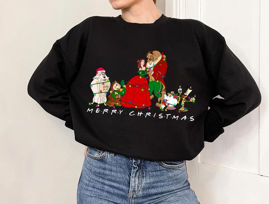 Disney Beauty And The Beast Merry Christmas Sweatshirt, Beauty and The Beast Group Christmas Lights Shirt, Disneyland Christmas Matching Tee