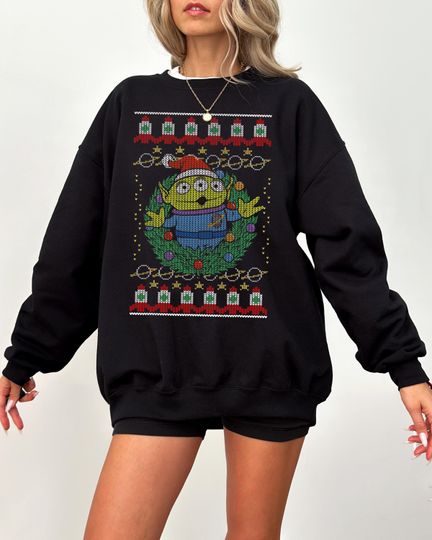 Disney Pixar Toy Story Alien Greetings Ugly Christmas Sweatshirt, Santa Alien Christmas Wreath Tee, Disney Christmas Matching Shirts