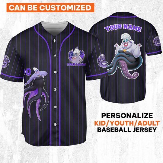 Personalize Disney The Little Mermaid Ursula Purple Dark Jersey, Custom Kid Youth Adult Baseball Jersey, Halloween Party, Birthday Gift