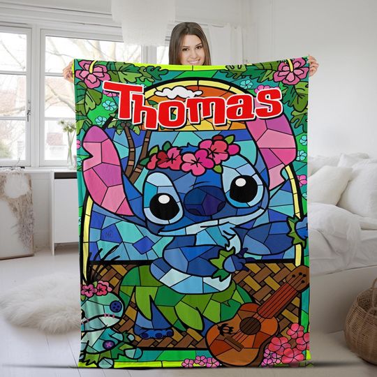 Disney Stitch Blanket, Custom Name Blanket, Custom Stitch Fleece Blanket
