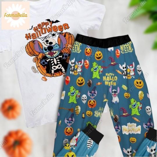 Halloween Stitch Skeleton Pajamas Set, Disney Halloween Shirt, Stitch Ghost Pajamas Pants, Lilo And Stitch, Halloween Trick Or Treat