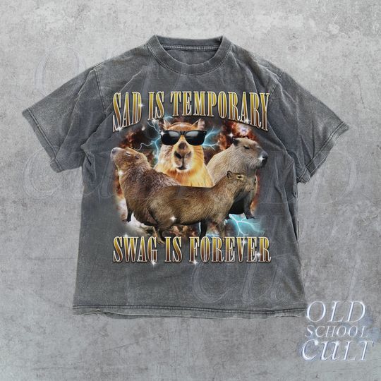 Sad Is Temporary Swag is Forever Vintage 90s T-Shirt, Retro 90s Surfing Capybara T Shirt, Funny Y2k Bootleg Graphic Tee, Funny Party Tees
