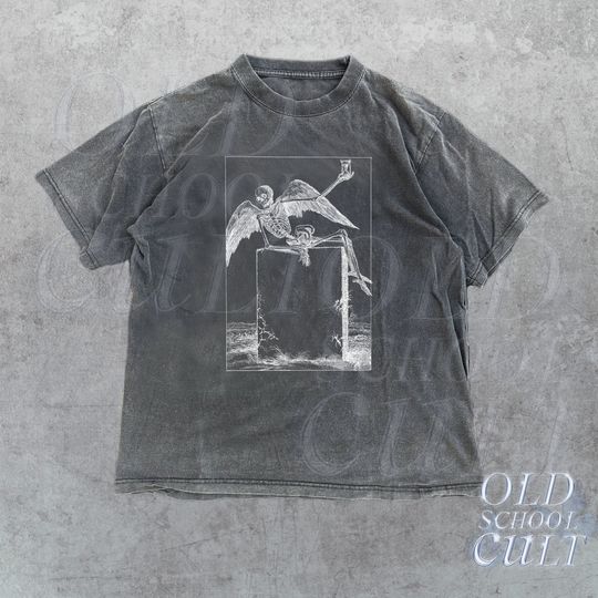 Skeleton Sitting On Tombstone Dark Art Vintage 90s Tshirt, Retro Spooky Halloween Shirt, Y2k Gothic Skeleton With Wings Tee,Grunge Graveyard