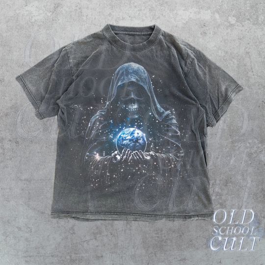 Reaper Holding Earth Vintage 90s Graphic T-Shirt, Retro Dark Art Skull Y2k Shirt, Streetwear Horror Gothic Tee, 2000s Emo Oversize Shirt