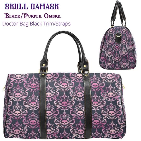 Goth Bag  Gothic Punk  Skull Damask  Purple Goth  Sugar Skull  Duffel Bag  Witchy Gifts for Her  Travel Bags for Her