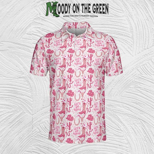 Let's Go Girls Pink Western Golf Shirt for Men, Cowgirl Mens Golf Polo, Matching Breast Cancer Awareness Collared Shirt for Guys