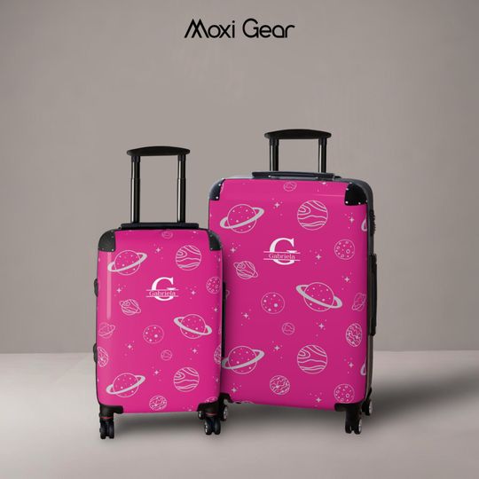 Personalized Suitcase for Girls | Pink Girl Luggage Monogram Gift | Planet Star Outer Space Theme Gift