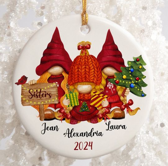 Personalized Sister Ornament - Gnome Sisters Christmas Ornament -  Three Sisters Gnomes Gnomes - Personalized names Christmas tree ornaments