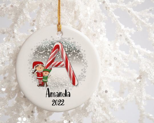 Elf Christmas Ornaments, Personalized Monogram Alphabet Ornament, Candy Cane Custom  Christmas Ornament, Custom Initial Ornament