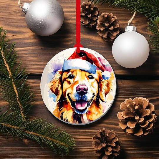 Golden Retriever Christmas Ornament, Round Ceramic Xmas Tree Decor, Golden Retriever Gift For Family, Dog Gift For Christmas, Holiday Decor