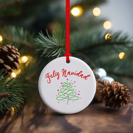 Feliz Navidad Round Ceramic Christmas Ornament, Xmas Tree Decor, Trendy Gift For Family And Friends, Gift For Christmas, Holiday Tree Decor