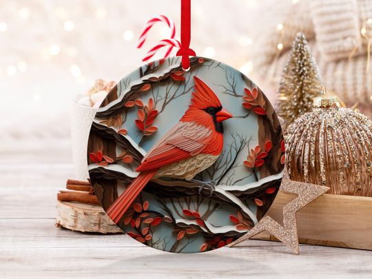 Northern Cardinal Christmas Ornament, Cardinal Decor, Christmas Tree Decorations, Ceramic Cardinal Ornament, 2D Flat Image That Looks 3D