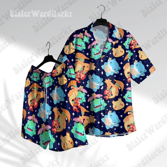Funny Hawaiian Shirt Starter Aloha Shirt Anime Shirt Pika Charmander Bulbasaur Squirtle Shirt Gifts