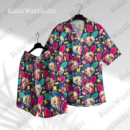Plusle and Minun Hawaiian Shirt Aloha Shirt Festival Shirt Anime Shirt Plusle Minun Gifts