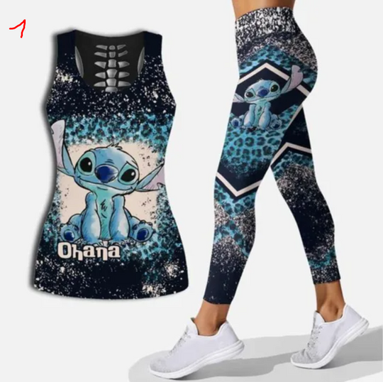 Disney Stitch Women's Hollow Tanktop Leggings Yoga Set Summer Fitness Leggings