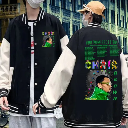 Chris Brown Merch Baseball Jacket,  11:11 Album Series Coat Casual Fashion Chris Brown 11:11 Tour 2024 Baseball Jacket