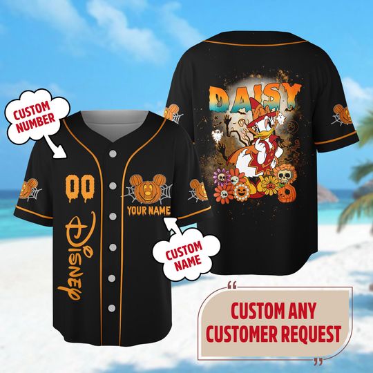 Custom Daisy Duck Halloween Baseball Jersey, Duck Baseball Jersey Team, Cartoon Family Trip Shirt, Halloween Party Gift, Magic Kingdom Shirt