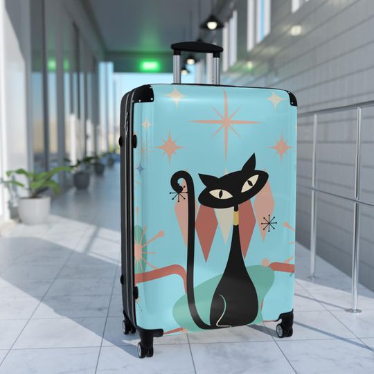 Blue atomic cat retro Suitcase, Mid Mod 50s Kitschy, Mid Century Modern, hard shell lockable case on wheels, black cat lover travel luggage