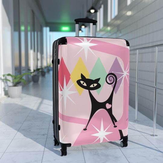 Pink Atomic cat retro Suitcase, lockable hard shell case, travel luggage, Mid Century Modern, MCM 50s kitschy, black cat lover case